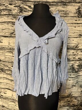 American Eagle Outfitters Pale Blue Ruffled V-Neck Blouse